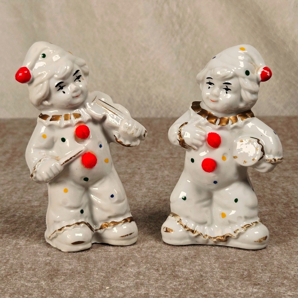 Vintage Porcelain Musical Clown‎ Figurine Set White Gold Polka Dot Pom Poms 2pc